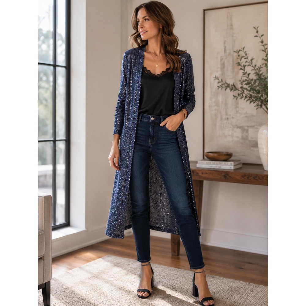 White House Black Market Sequin Longline Duster Cardigan Navy Blue Size S